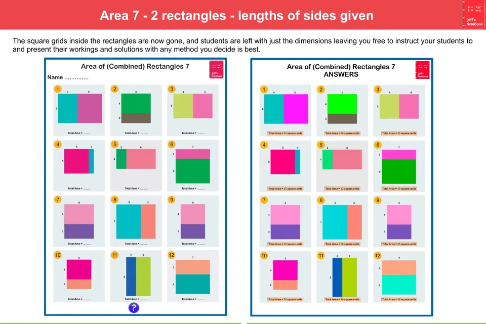 Area 7, combined rectangles without grids: students find total area from labeled side lengths; sheet and answer key