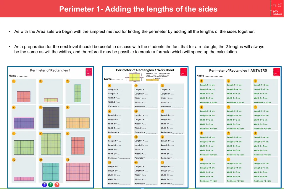 Perimeter 1, adding sides: students add two lengths and two widths of gridded rectangles; sheet, template and answers