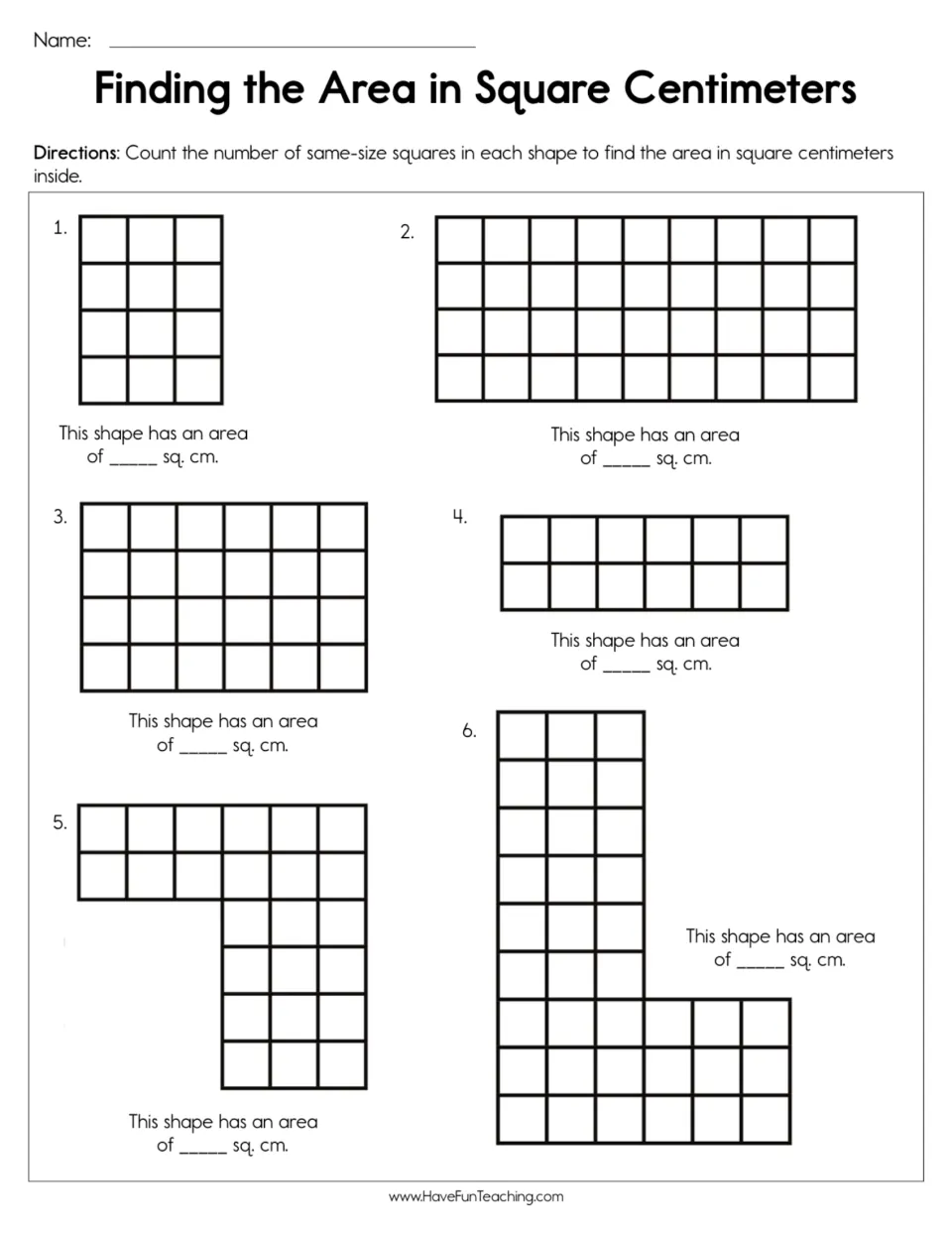 Area practice: count unit squares in four rectangles and two L-shaped figures to find square centimeters.