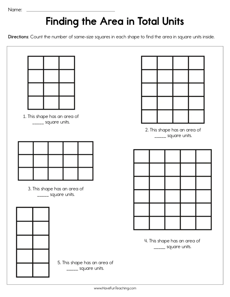 Area by counting unit squares: students count same-size squares in 5 rectangles and write each area in square units