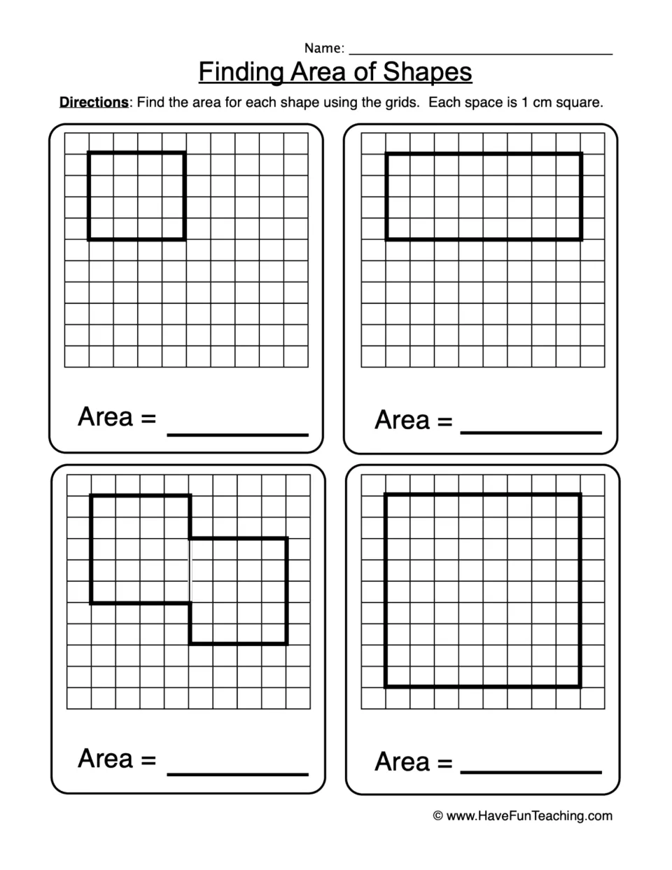 Finding area of shapes: students count 1 cm squares to find the area of three rectangles and one composite shape