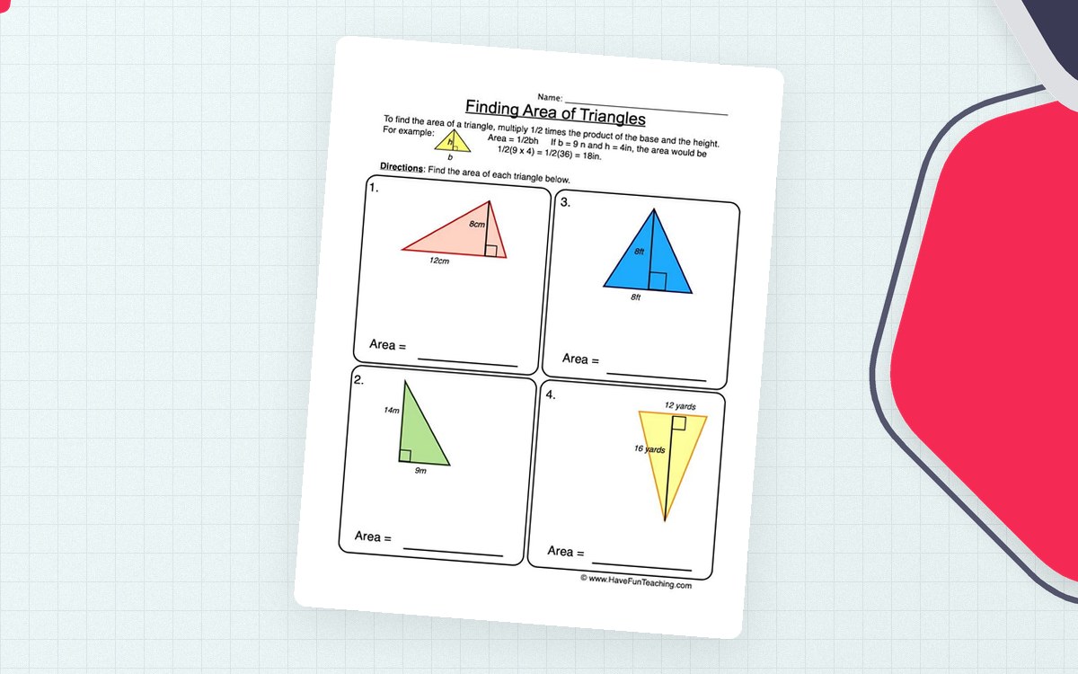 Finding Area of Triangles worksheet with four colored triangles and base-height labels