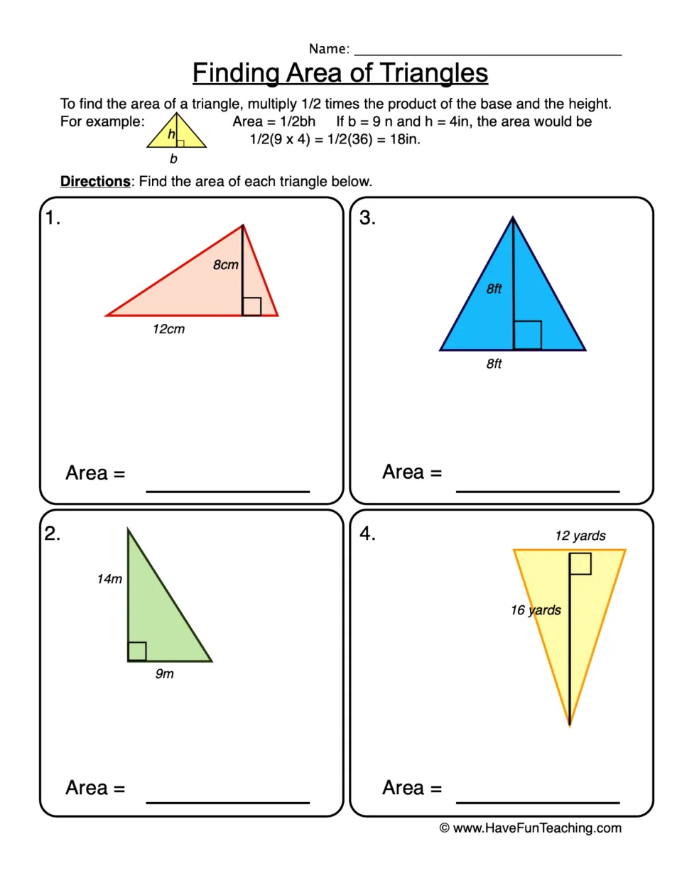 Area of triangles: students apply 1/2 x base x height to find the area of 4 triangles measured in cm, ft, m and yards