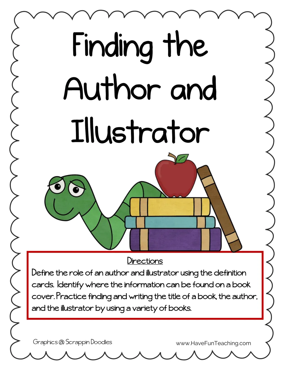 Author and illustrator cover with directions: use definition cards, find book cover details, write title and creators