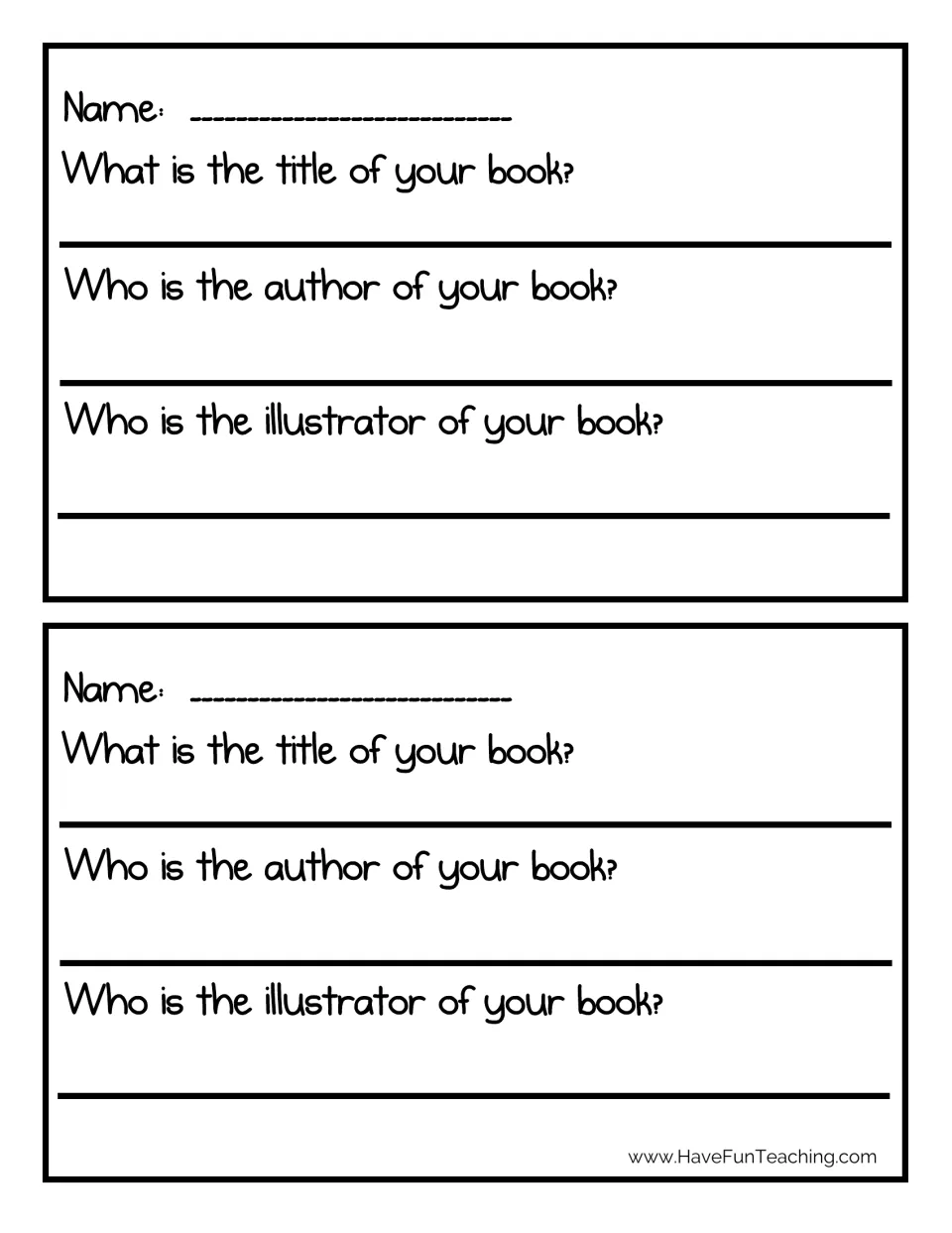 Book response slips: students write their name, then the title, author and illustrator of their own book