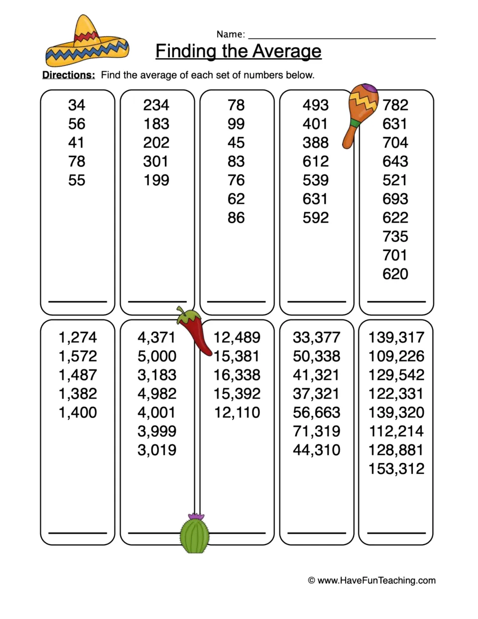 Finding the average: students compute the mean of 10 number sets, from two-digit values up to six-digit numbers