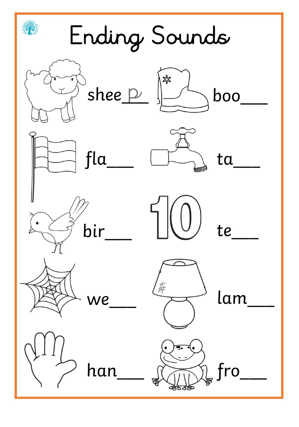 Ending Sounds: students write the last letter to finish sheep, boot, flag, tap, bird, ten, web, lamp, hand and frog