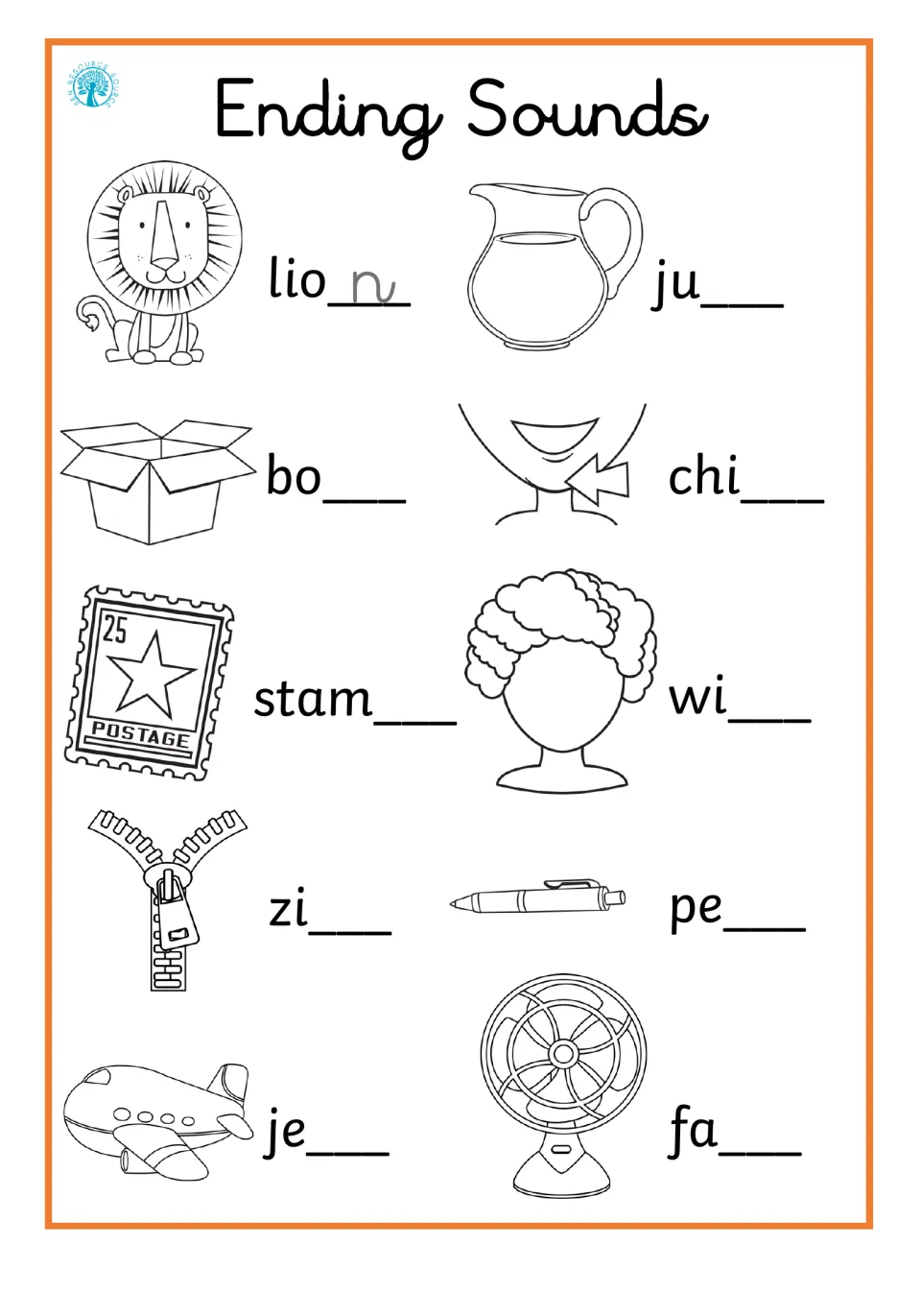 Ending Sounds: students isolate the final sound and finish lion, jug, box, chin, stamp, wig, zip, pen, jet and fan