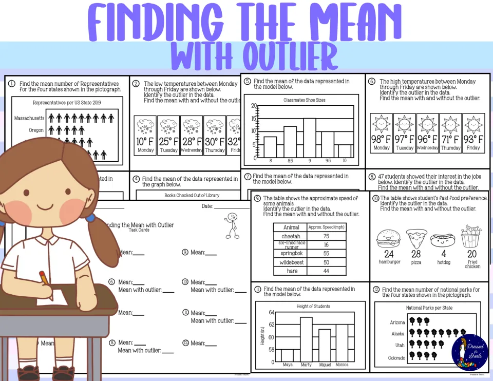 Finding the Mean with Outlier cover showing task cards with pictographs, bar graphs, temperatures and a recording sheet