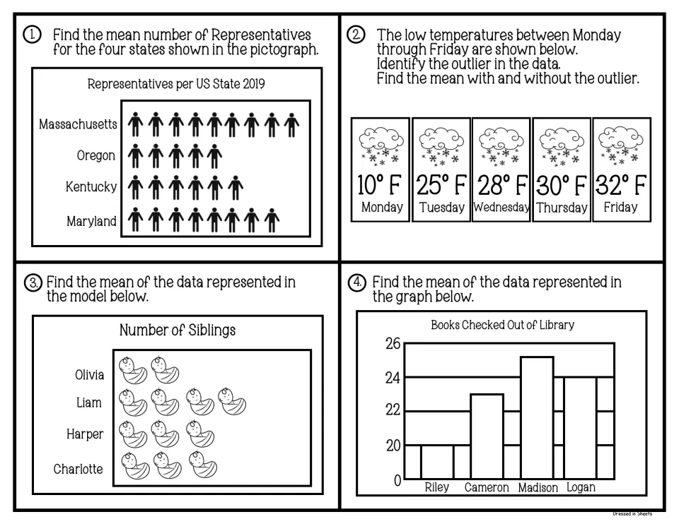 Mean task cards 1-4: students find the mean from a pictograph, bar graph and sibling model, plus a low-temperature outlier