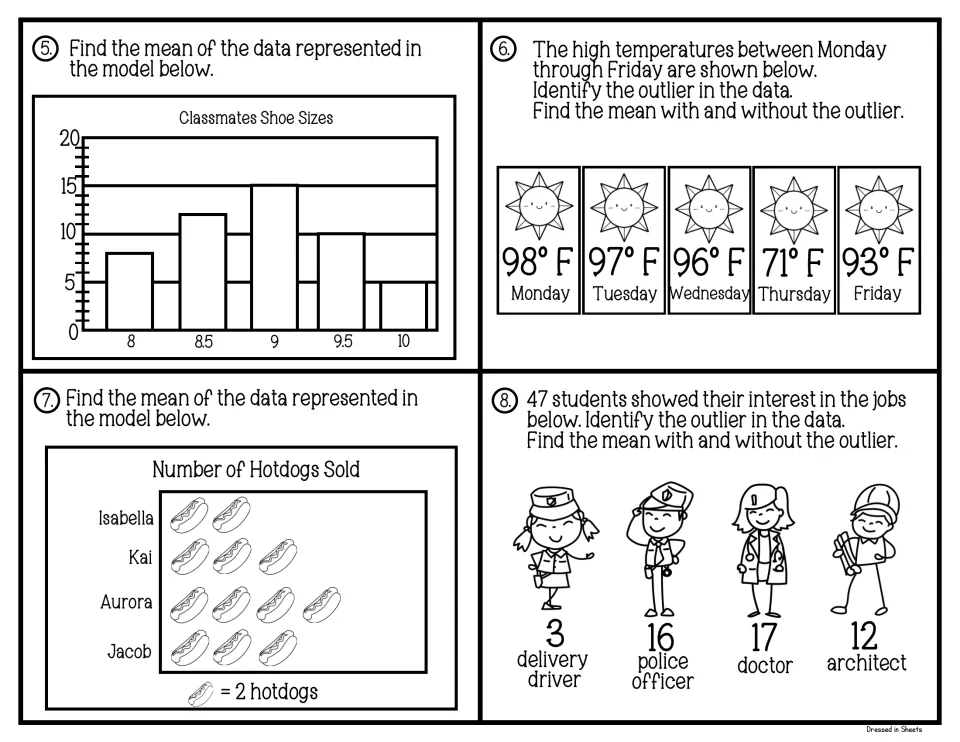 Mean task cards 5-8: students average shoe sizes and hotdog sales, then find outliers in high temps and job picks