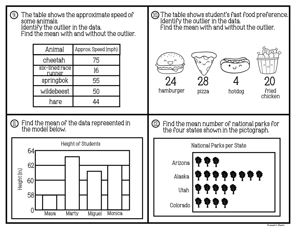 Mean task cards 9-12: students find outliers in animal speeds and fast food picks, then average heights and parks