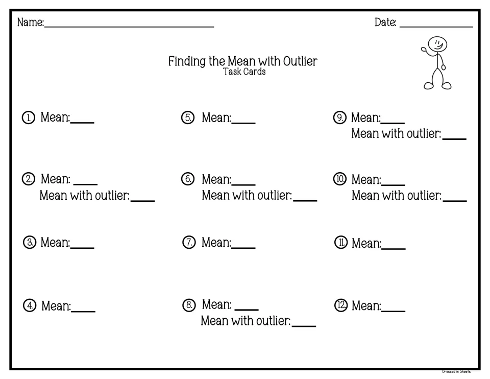 Recording sheet for 12 task cards: students write each mean, and the mean with outlier for cards 2, 6, 8, 9 and 10