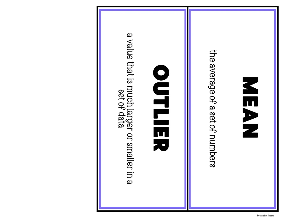Vocabulary cards: mean is the average of a set of numbers; outlier is a value much larger or smaller than the rest