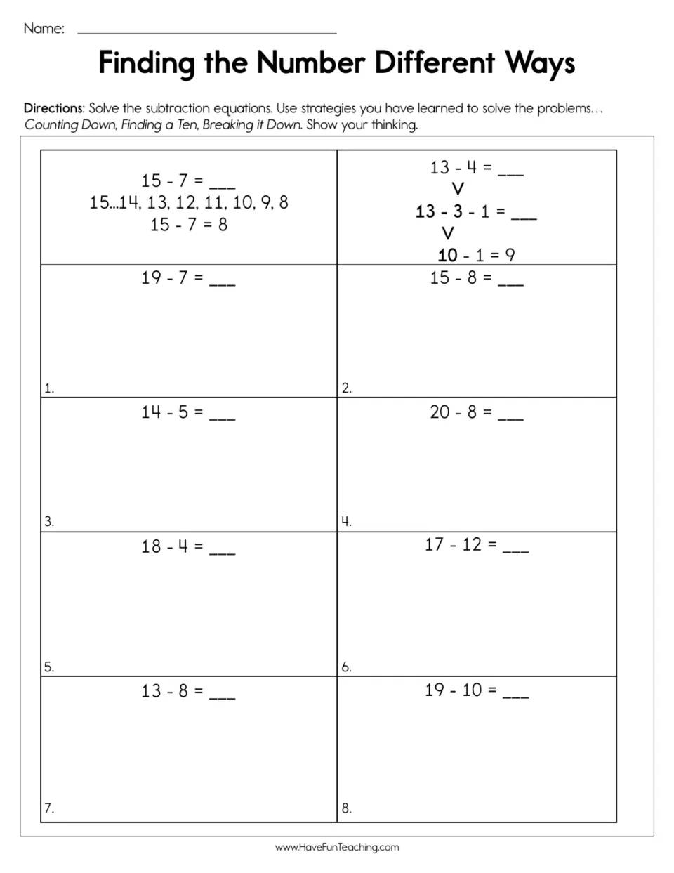 Subtraction practice: eight problems, including 19 - 7 and 15 - 8, plus counting down and making ten examples