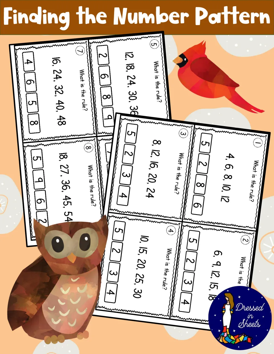 Finding the Number Pattern cover: skip-counting task cards asking "What is the rule?" with four number choices on each
