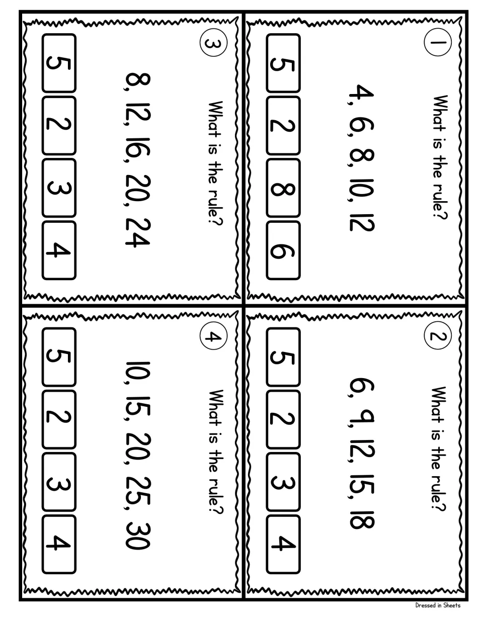 Number pattern cards 1-4: students find the skip-count rule for sequences like 4, 6, 8, 10, 12 and pick from four numbers