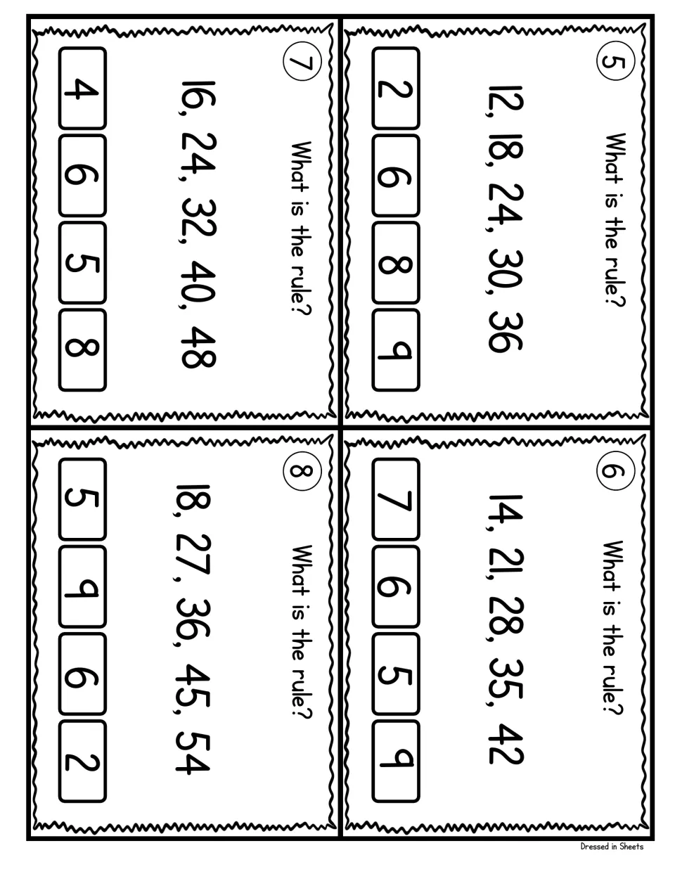 Number pattern cards 5-8: students choose the rule for sequences counting by 6, 7, 8 and 9, such as 14, 21, 28, 35, 42