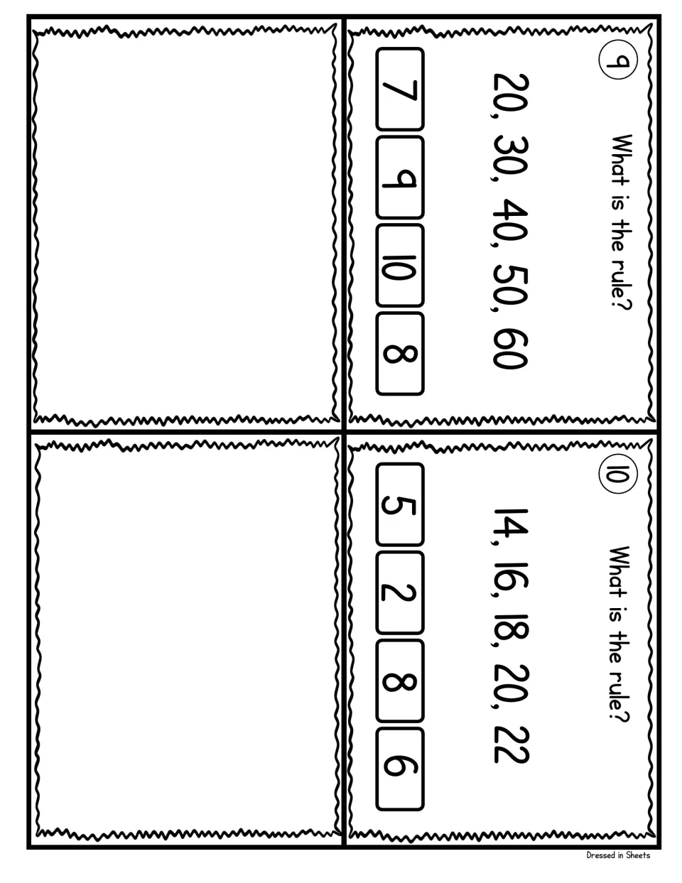 Number pattern cards 9-10: students identify the rule for 20, 30, 40, 50, 60 and for 14, 16, 18, 20, 22 from four choices
