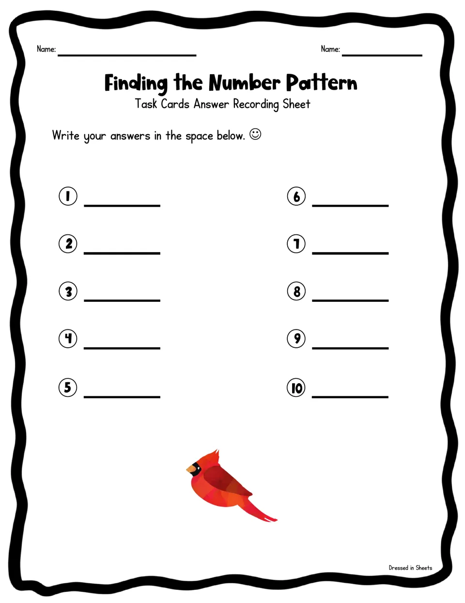 Task card answer recording sheet: students write the rule they found for each of cards 1 to 10 beside its number