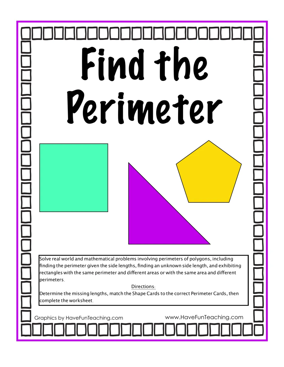 Find the Perimeter cover with a square, triangle and pentagon, plus directions to find missing lengths and match cards