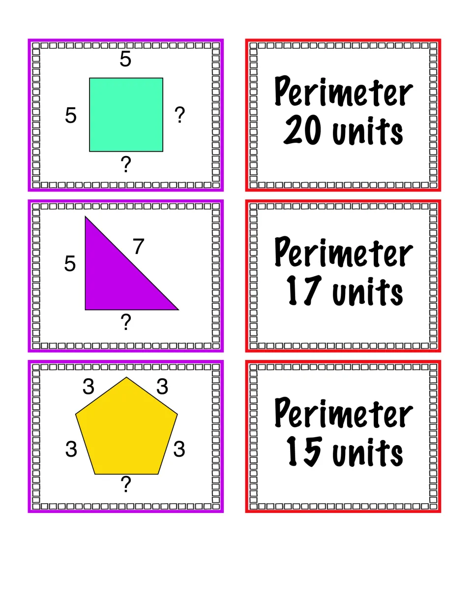 Perimeter cards: a square, right triangle and pentagon with missing sides marked ?, beside cards for 20, 17 and 15 units