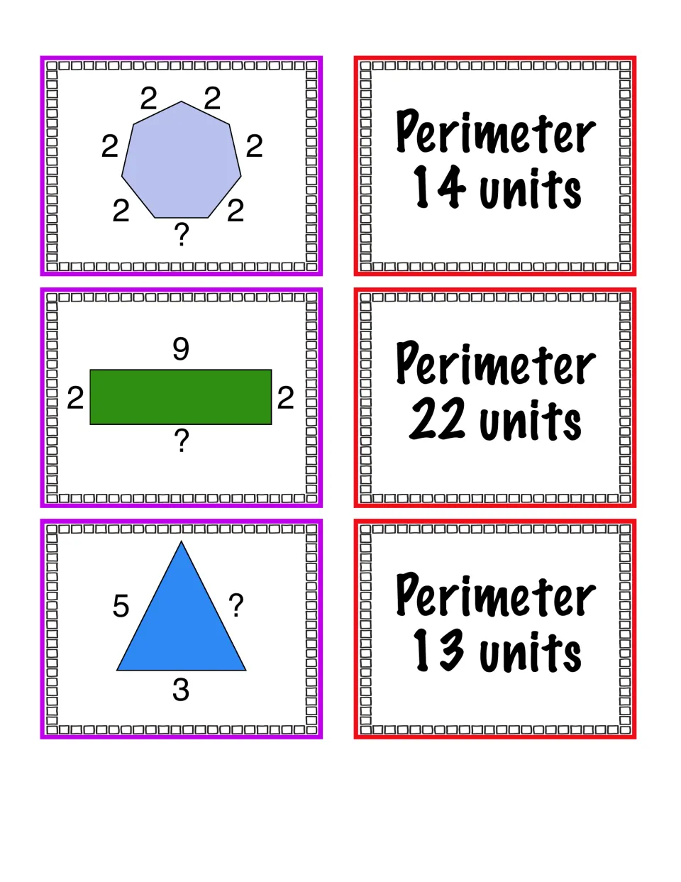 More perimeter cards: a heptagon, rectangle and triangle each missing one side length, paired with 14, 22 and 13 units