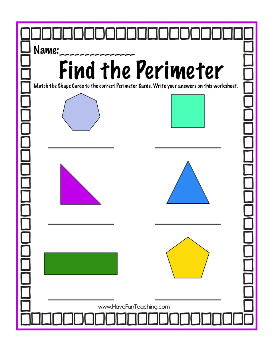Perimeter recording sheet: students write the matching Perimeter Card value under each of six shapes, heptagon to pentagon