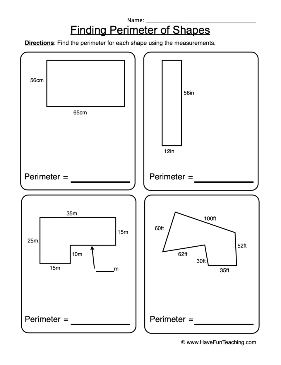 Finding perimeter: students add side lengths of two rectangles, an L-shape with a missing side and an irregular polygon