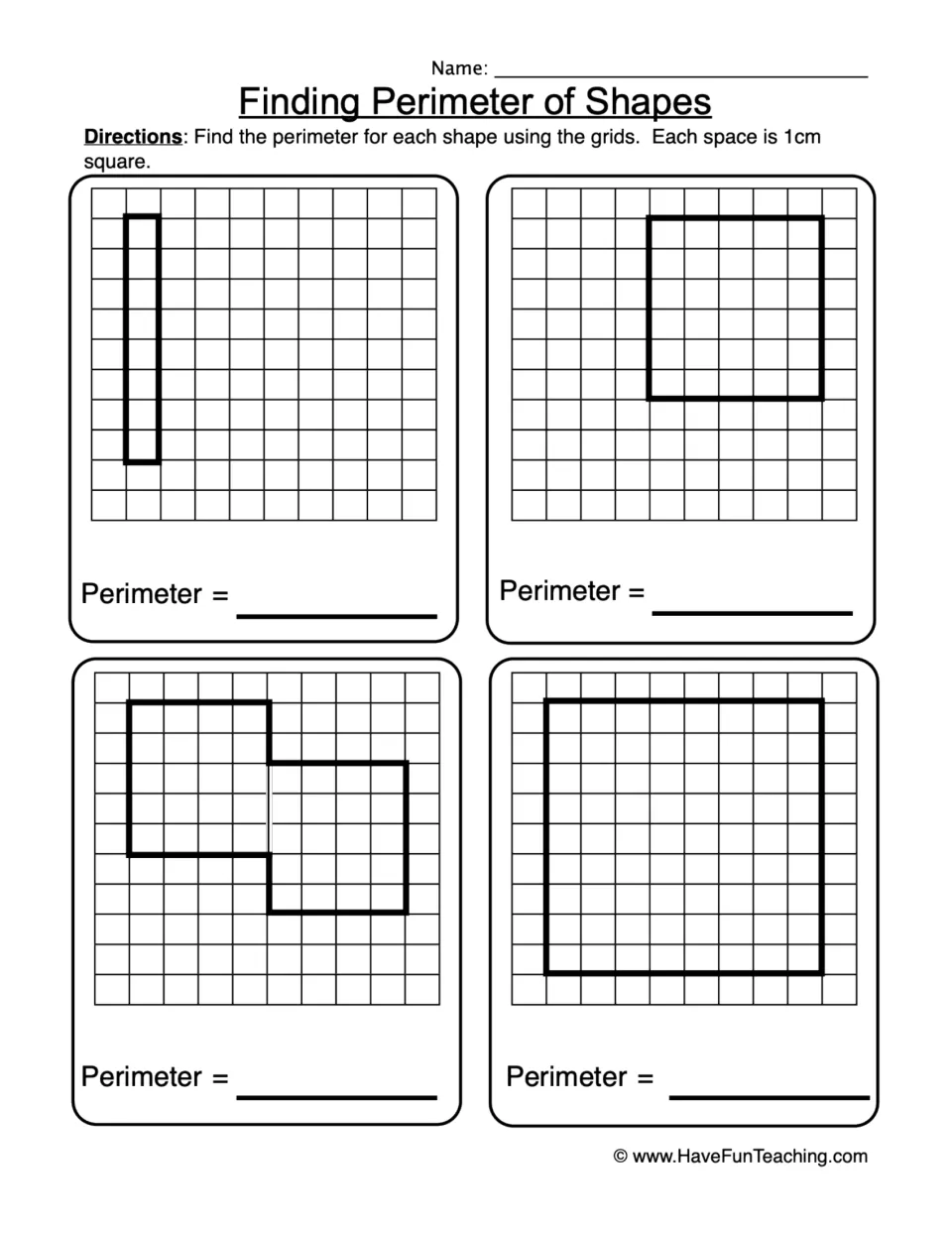 Perimeter on 1 cm grids: students count unit sides to find the perimeter of 3 rectangles and 1 composite shape