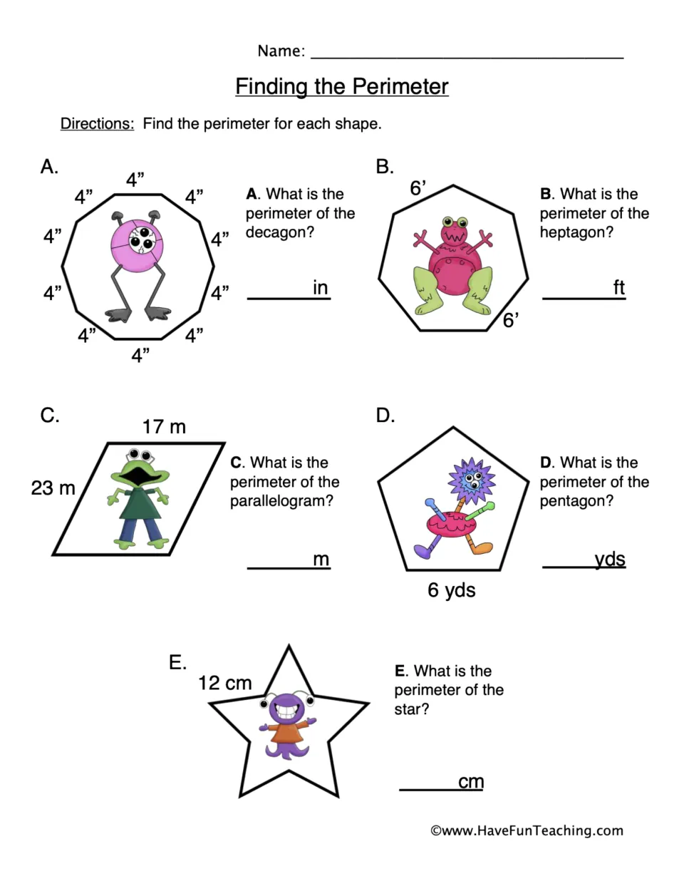 Perimeter practice: students find the perimeter of a decagon, heptagon, parallelogram, pentagon and star with labeled sides