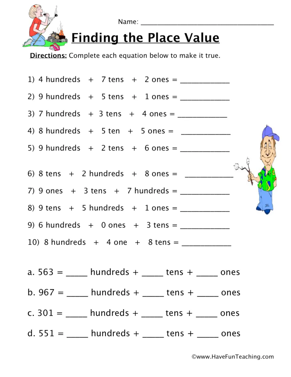 Place value practice: students write 10 three-digit numbers from hundreds, tens and ones, then expand 4 numbers