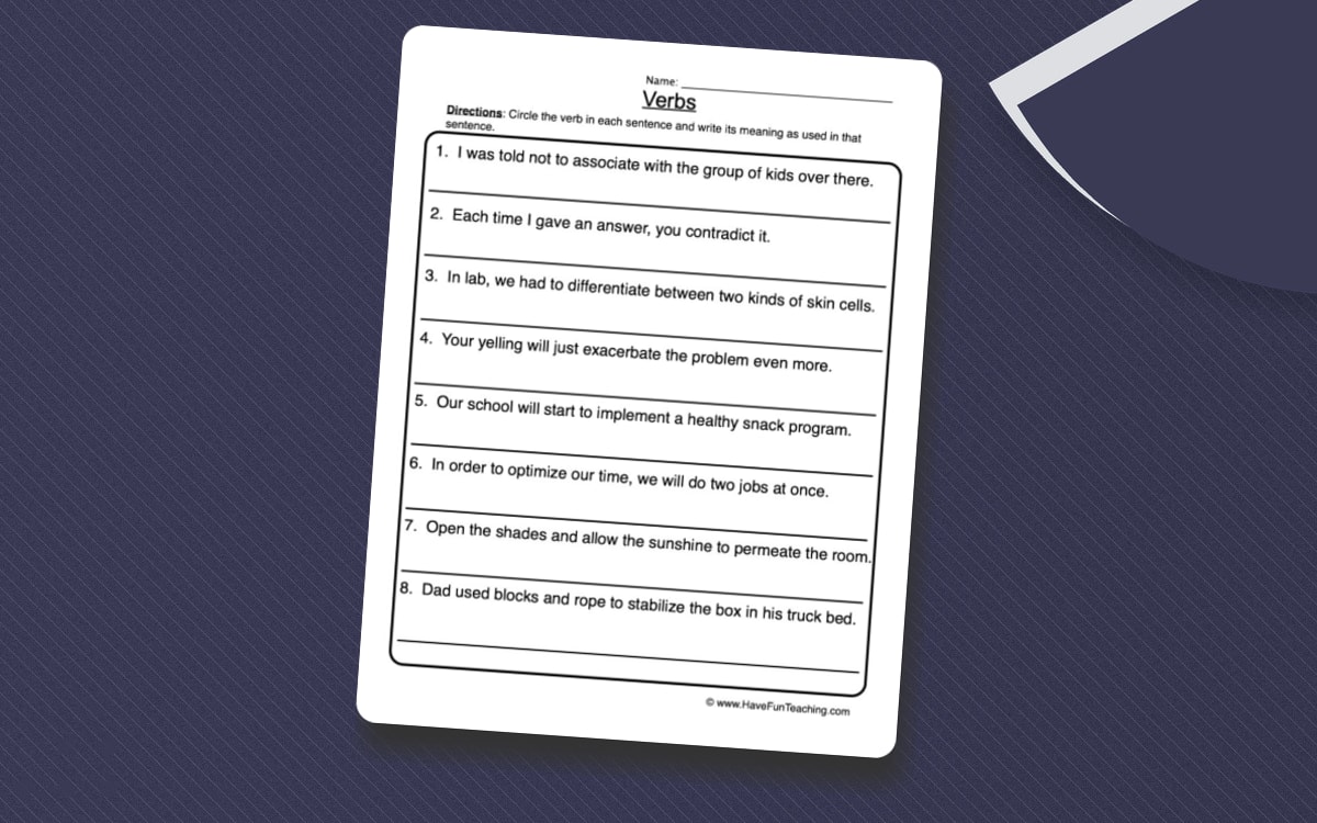 Finding Verbs Worksheet preview: Eight sentences for verb identification