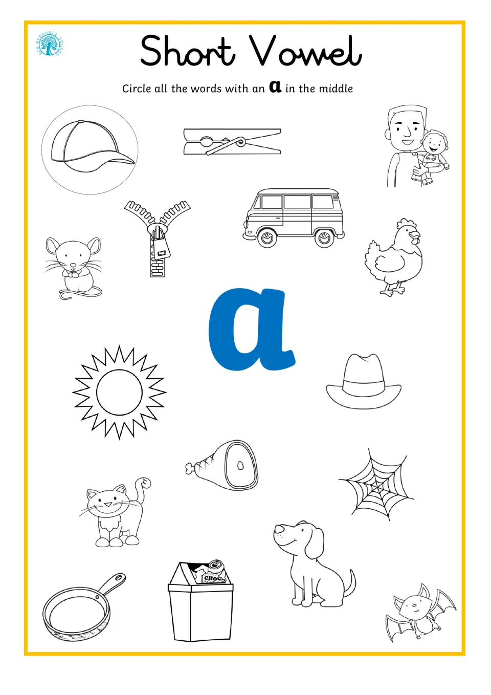 Short vowel a: students circle pictures with a in the middle, such as cat, van, bat and pan, with cap done as a model