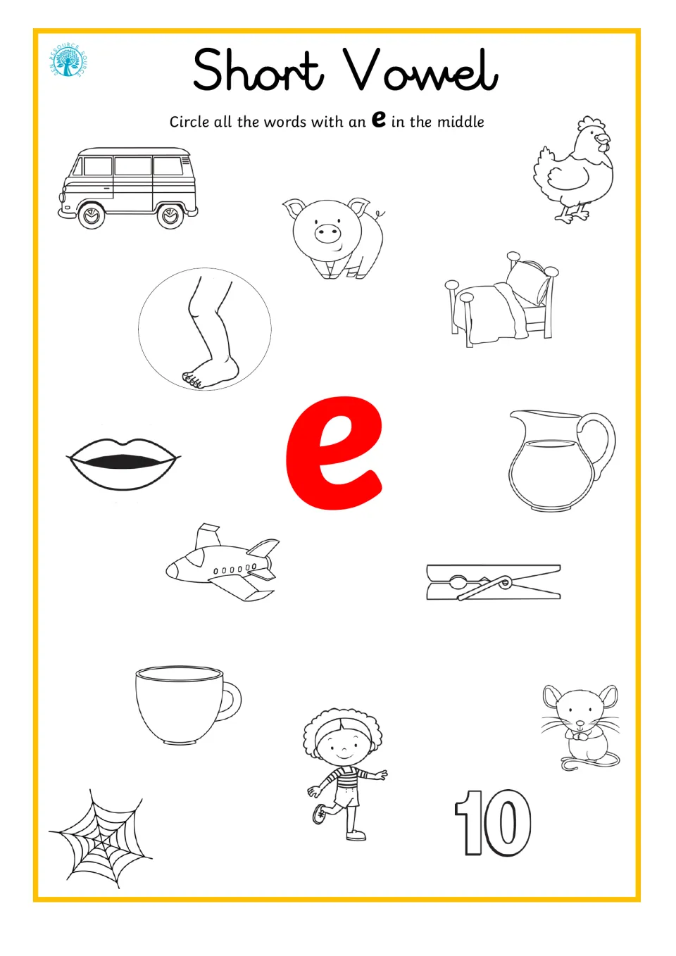 Short vowel e: students circle pictures with e in the middle, like hen, bed, web, jet and ten, among pig, van and cup