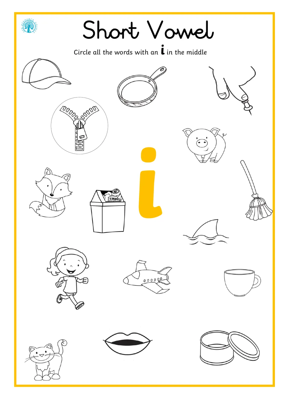 Short vowel i: students circle pictures with i in the middle, like pig, pin, bin, fin and tin, with zip circled as a model