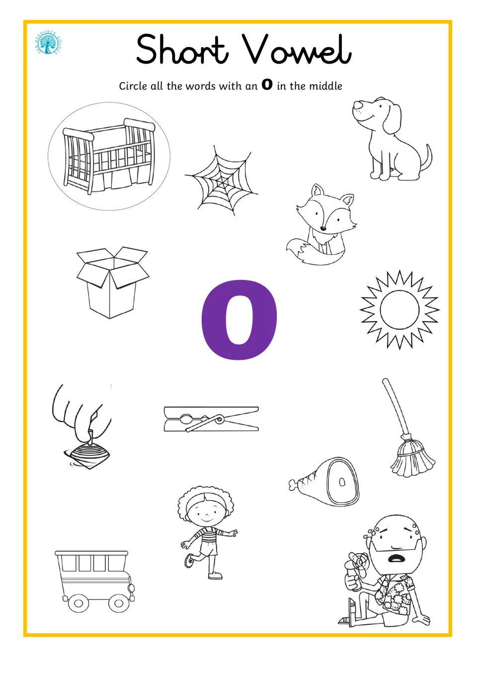 Short vowel o: students circle pictures with o in the middle, like dog, fox, box, top and mop, with cot circled as a model