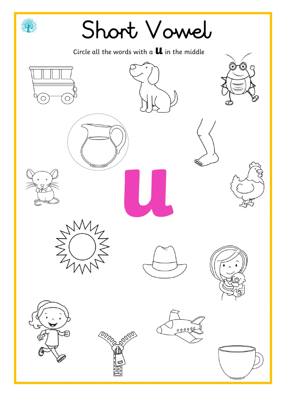 Short vowel u: students circle pictures with u in the middle, like bus, bug, sun and cup, with jug circled as a model