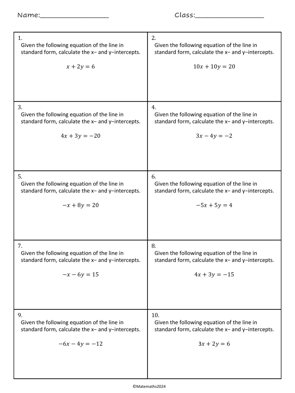 X- and y-intercepts from standard form: students calculate both intercepts for problems 1-10, such as x + 2y = 6