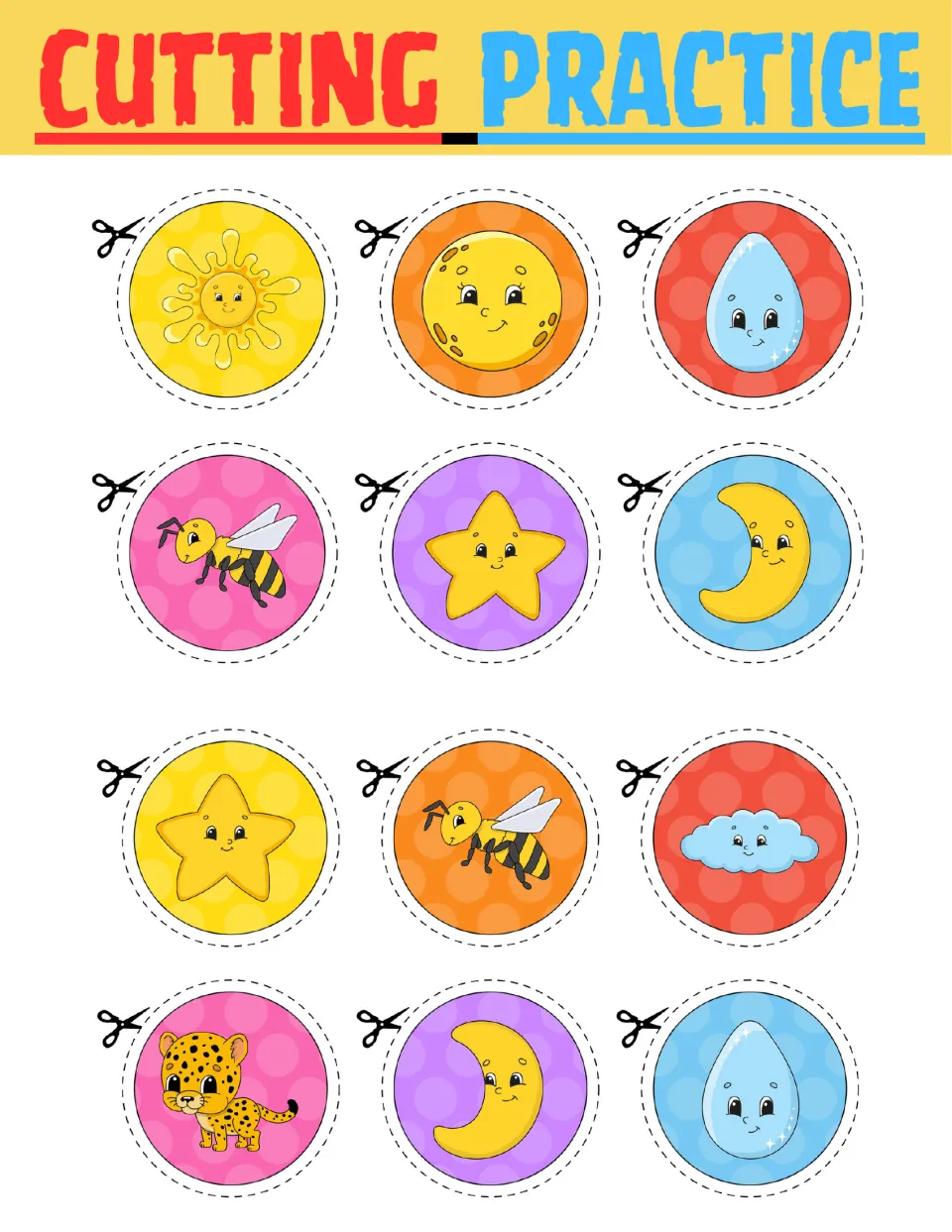 Cutting practice sheet: 12 circular cutouts featuring a sun, moons, raindrops, bees, stars, a cloud and a cub