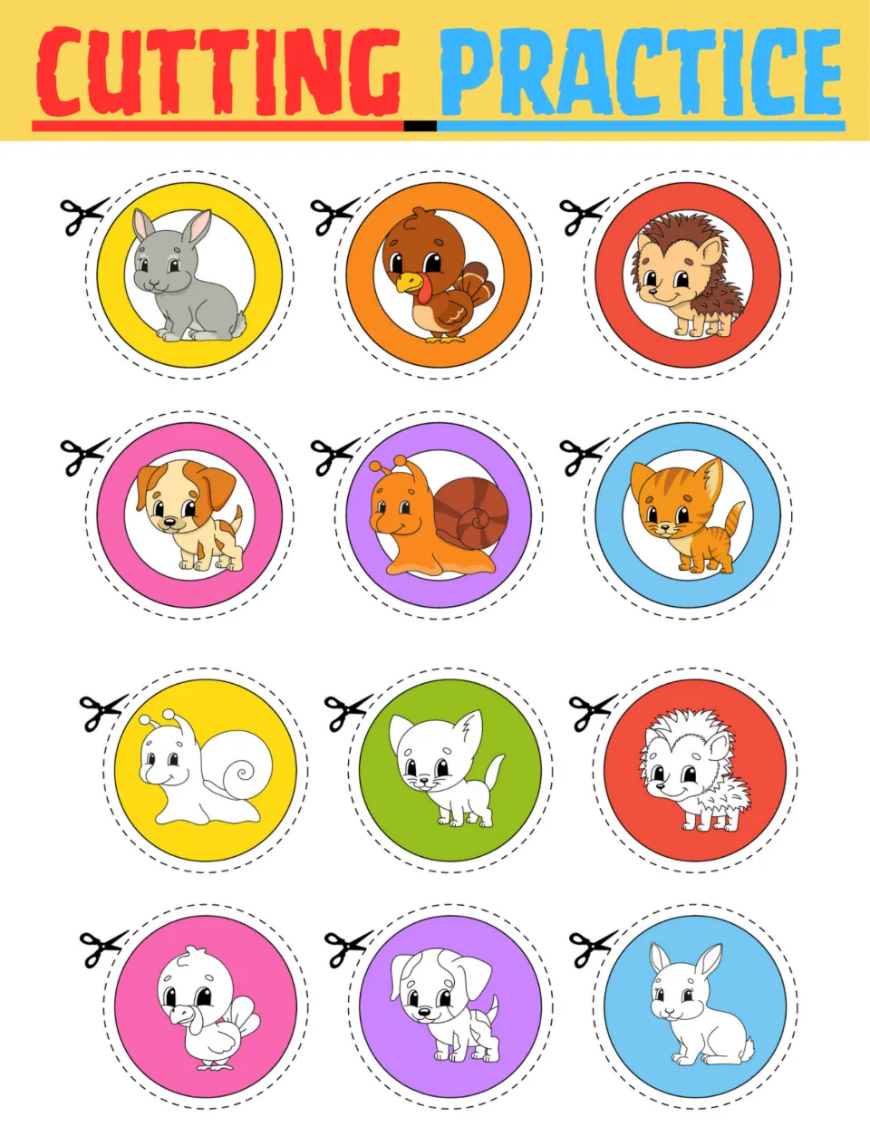 Animal cutting practice sheet: 12 circular cutouts showing rabbits, turkeys, hedgehogs, dogs, snails and cats