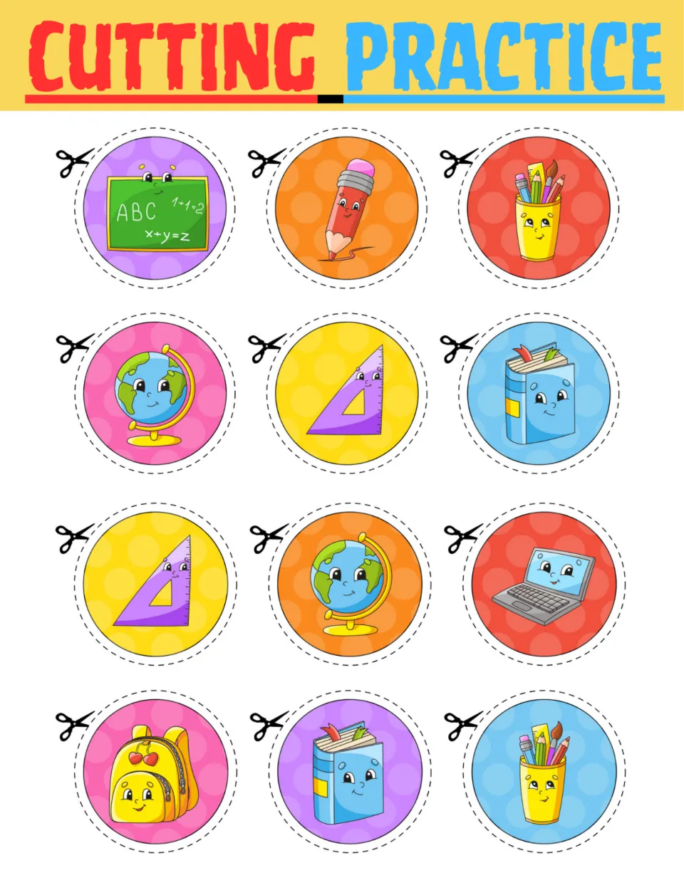 School supply cutting practice sheet: 12 circular cutouts including a pencil, globes, books and a backpack