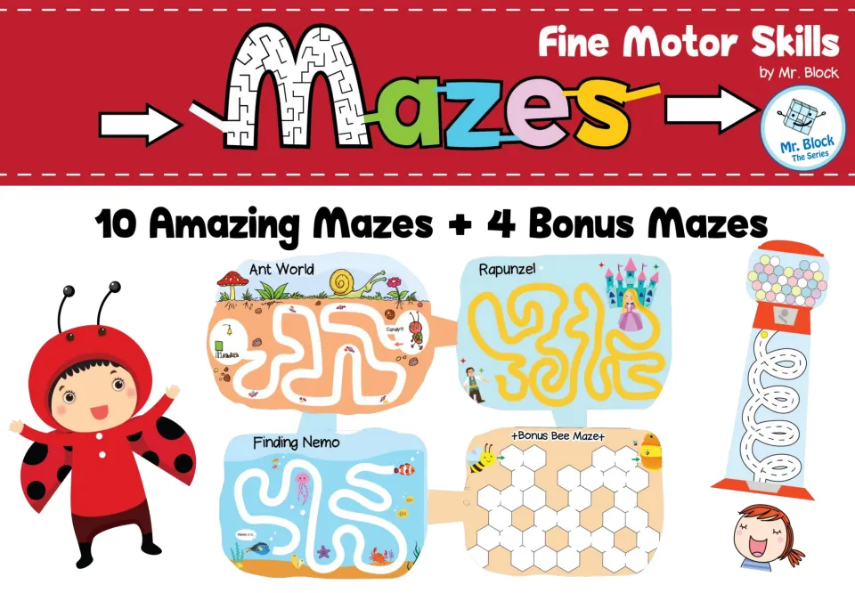 Fine motor maze packet cover announcing 10 mazes plus 4 bonus mazes, with samples of themed activities