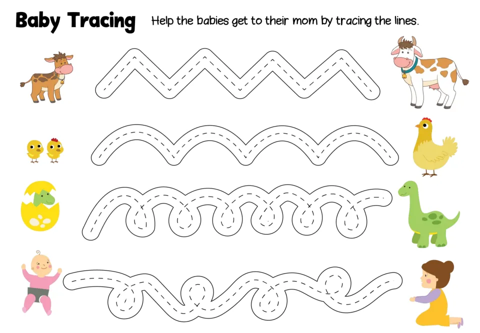 Baby Tracing practice sheet: trace four paths to connect a calf, chicks, baby dinosaur, and baby to moms