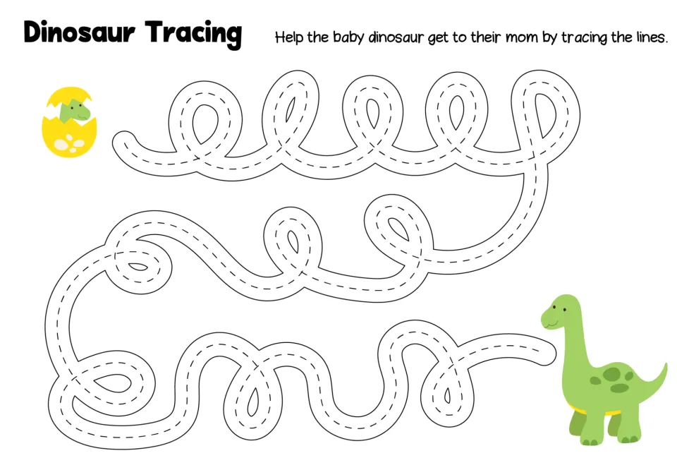 Dinosaur Tracing practice sheet: follow a long looping path from a baby dinosaur in an egg to its mom