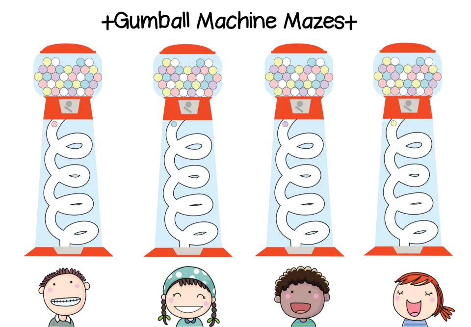 Gumball Machine Mazes practice sheet: four gumball machines each contain a looping path down to the tray