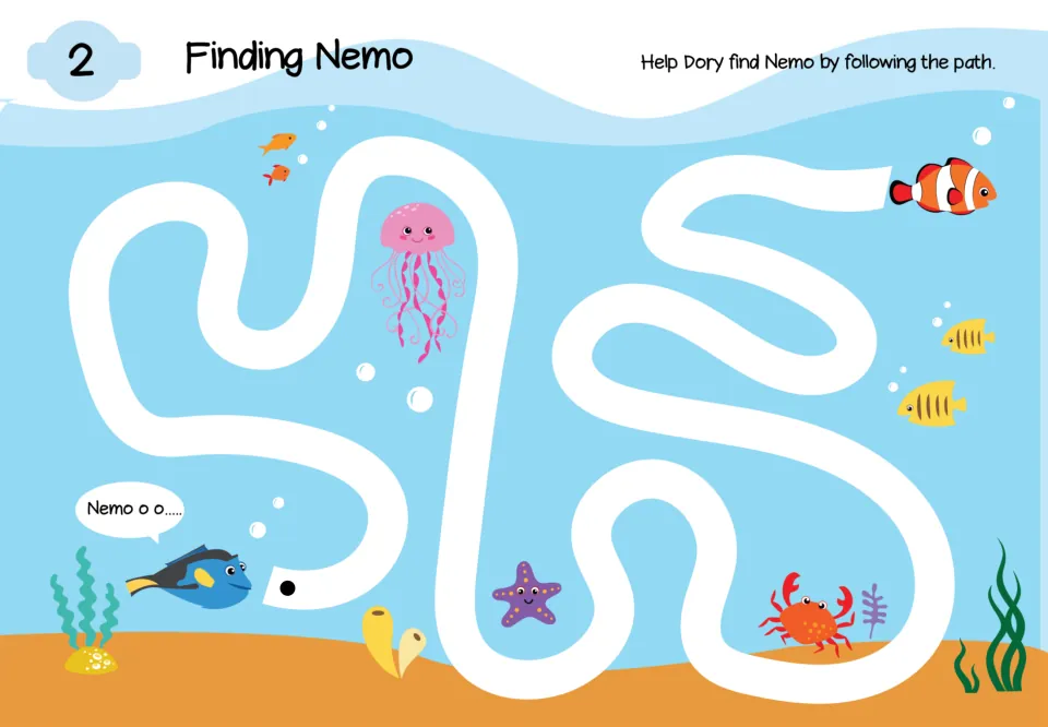 Maze 2, Finding Nemo: follow the underwater path from Dory to Nemo, passing a jellyfish, starfish, and crab