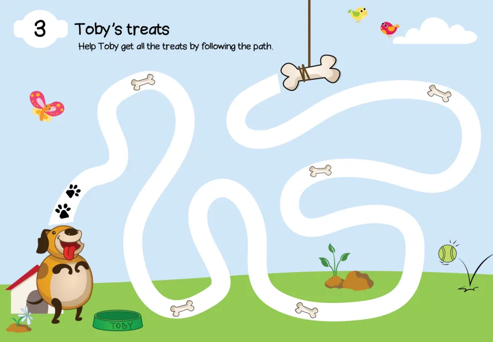 Maze 3, Toby's treats: follow the winding path past dog bones to help Toby get all the treats along the way