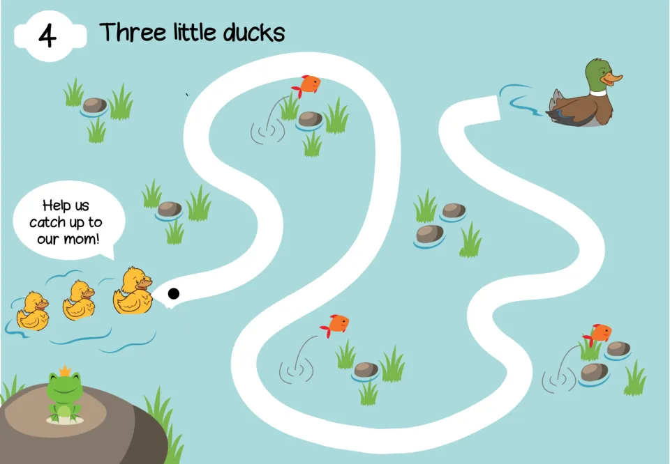 Maze 4, Three little ducks: follow the pond path from three ducklings to their mom to help them catch up