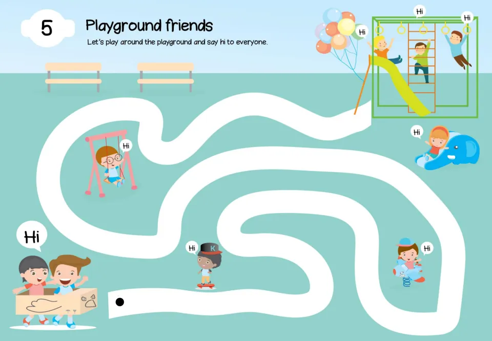 Maze 5, Playground friends: follow a path around children playing at the playground and saying hi